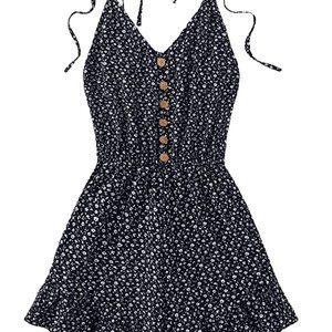 Navy floral romper with tie straps
